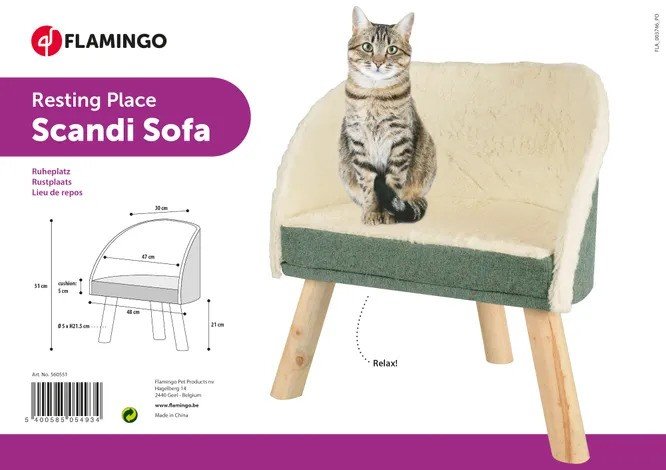 Flamingo Cat Scandi Sofa Mint Green And White (L:53cm- W:34.5cm- H:51cm)