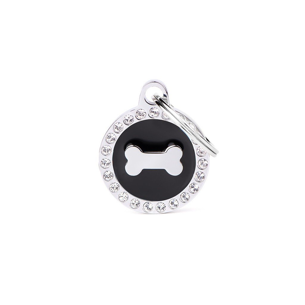 My Family Pet Tag Bone Black Circle Strass Glam ID