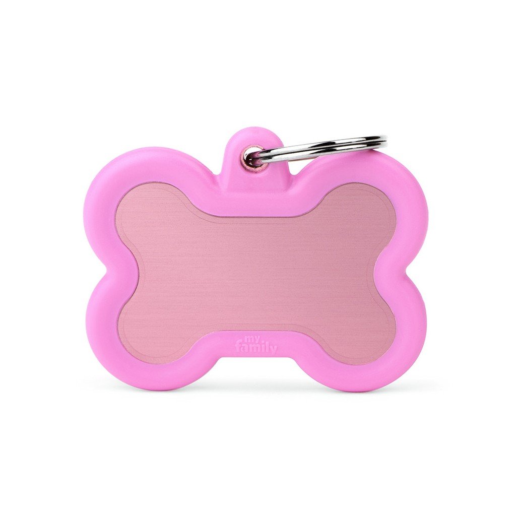 My Family Pet Tag Bone with Rubber Pink Aluminum Dog ID