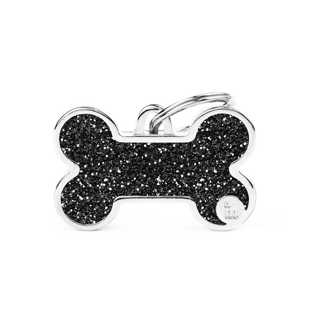 My Family Pet Tag Big Bone Glitter Black Dog ID
