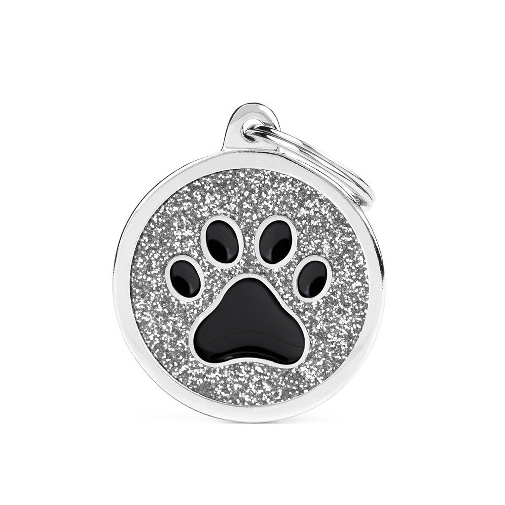My Family Pet Tag Big Glitter Grey Circle Black Paw ID