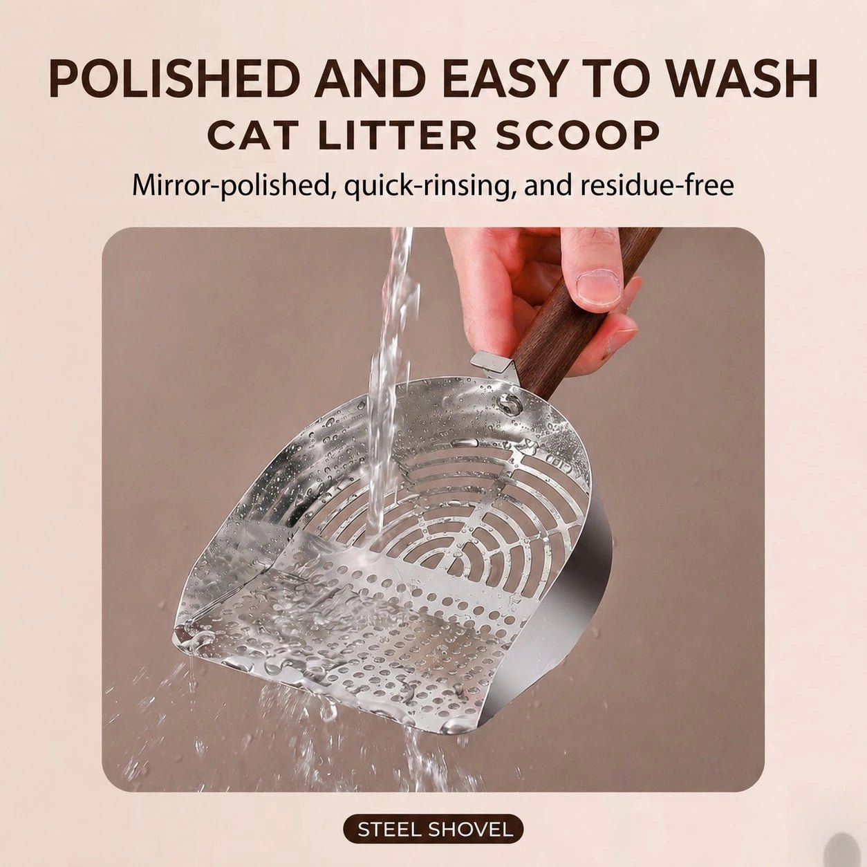 Stainless Steel Cat Litter Scoop with Wooden Handle – Deep Bucket Sieve, Anti‑Stick & Anti‑Rust Pet Cleaning Tool
